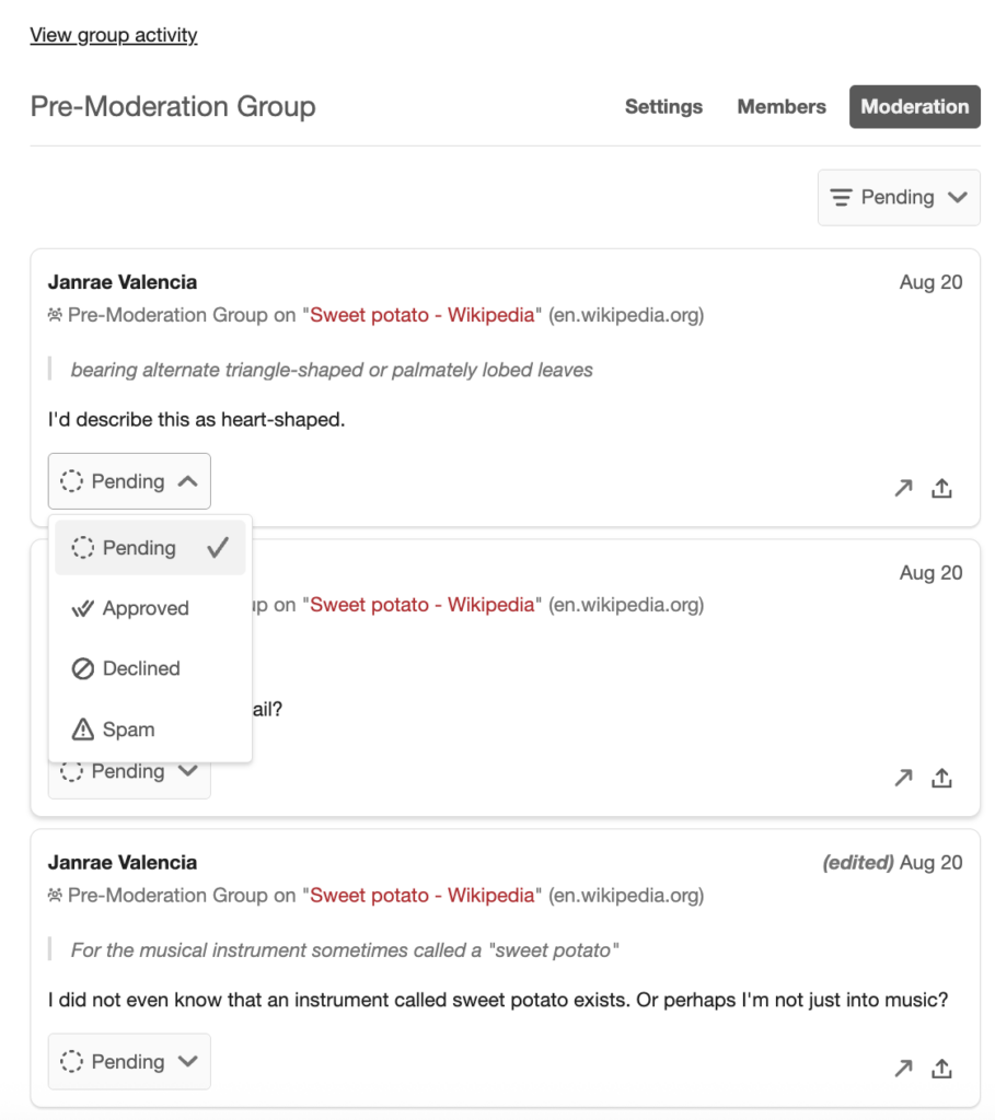 Moderation queue with dropdown showing different statuses